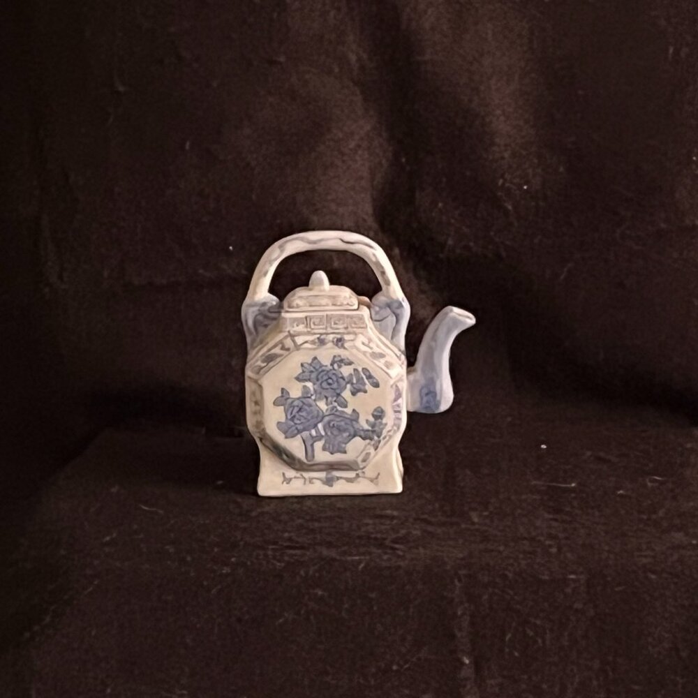 Estate Vintage Unique Asian-Inspired Hexagon-Shaped Ceramic Teapot